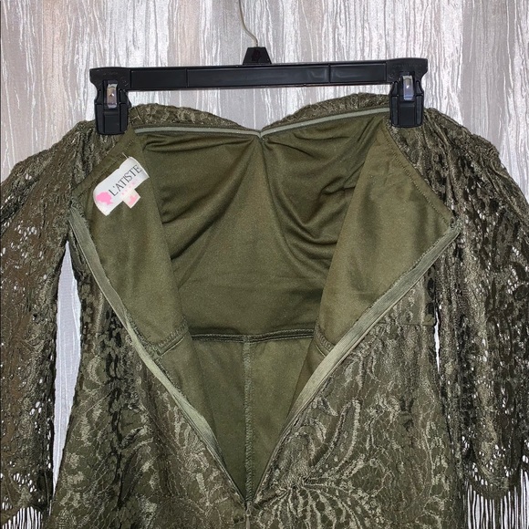 Original Olive Green Party Lace Shorts Romper Off-The-Shoulder with Fringe - Picture 3 of 5